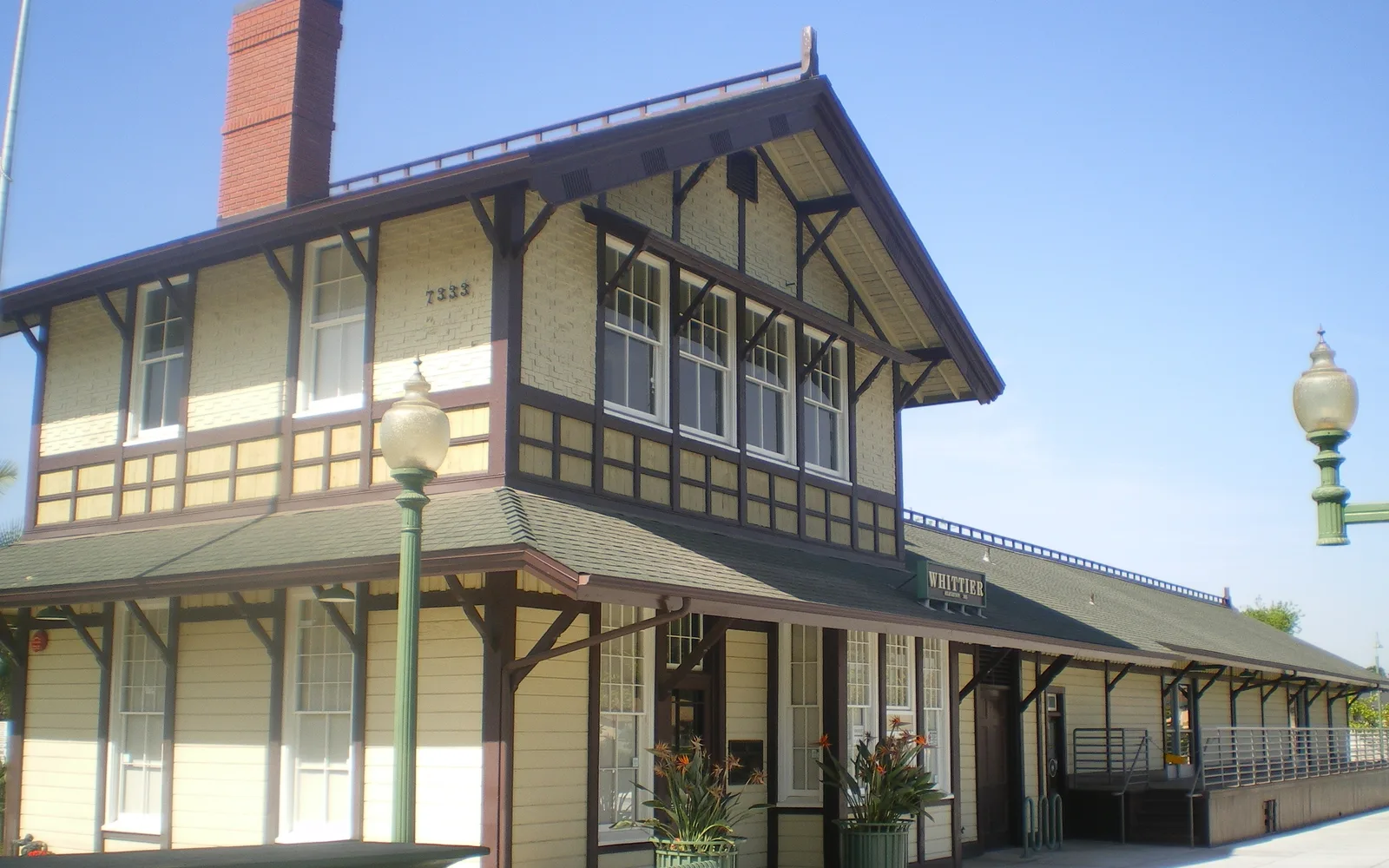 The Southern Pacific Railroad Depot in Whittier, a historic wood-frame building on Greenleaf Avenue